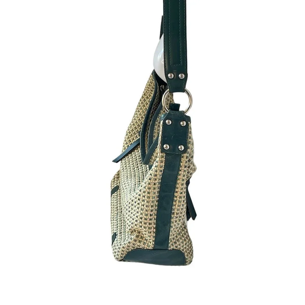 Nino BOSSI Woven Shoulder Bag Beige with Green Leather Trim Silver Hardware